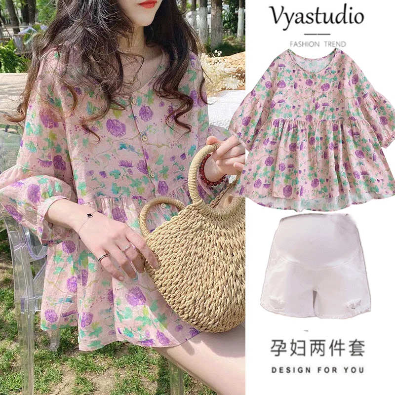 British Dhwa Maternity Wear Summer Style 2026 New Short-Sleeved Doll Shirt Loose Large Size Fashion Suit with Ruffle Collar