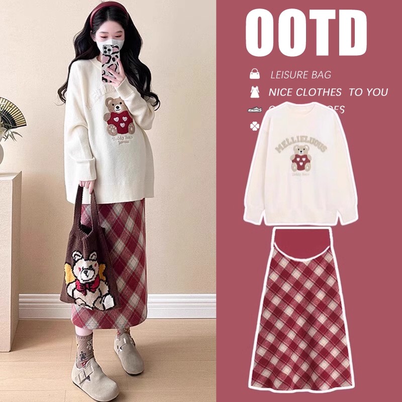 British Dhwa Maternity Autumn and Winter Suit 2026 New Fashion Casual Skirt Sweatshirt Plaid Skirt Two-Piece Set