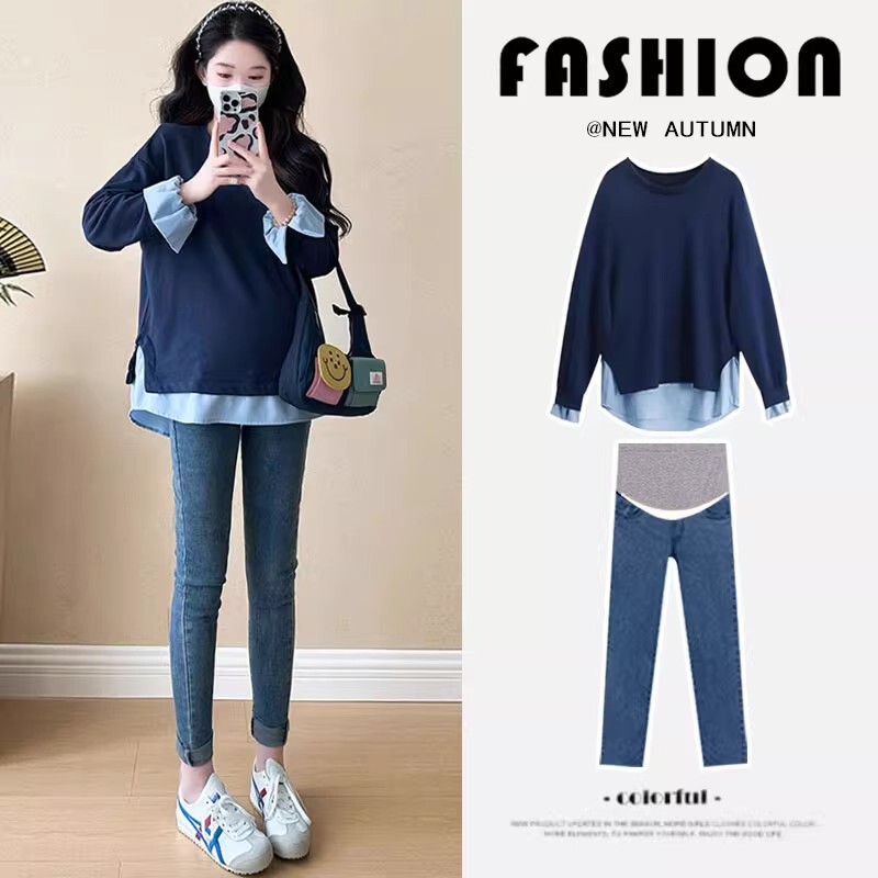 British Dhwa Maternity Clothes Tops Autumn Fake Two-Piece Sweatshirt Long-Sleeved Shirt Autumn Outfit Two-Piece Set New Style British Dhwa Maternity Clothes Tops Autumn Fake Two-Piece Sweatshirt Long-Sleeved Shirt Autumn Outfit Two-Piece Set New Style