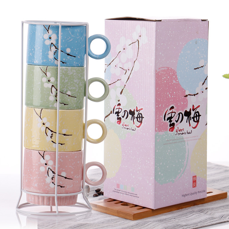 Japanese style hand - drawn snowflake stacked cup Office coffee cup household teacup ceramic cup cup Gift box set group