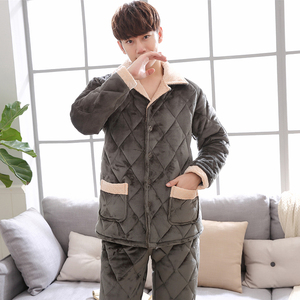 珊瑚绒男士睡衣三层夹棉加厚加绒