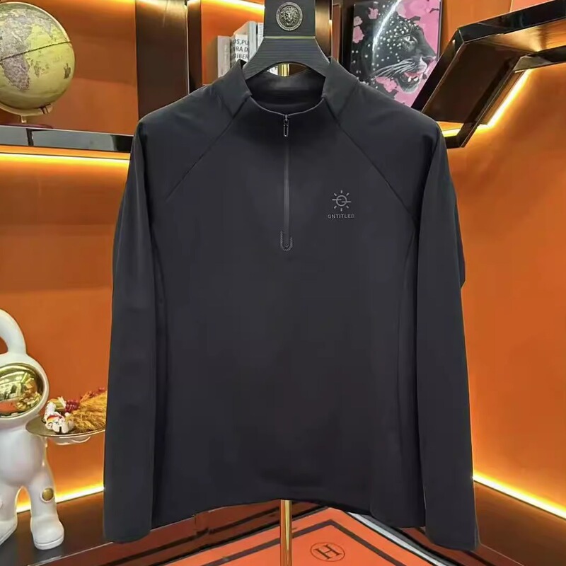 2026 Spring New Men's Half-Zip Sweatshirt with Patchwork Stand Collar, Long Sleeves, Light Luxury, High-End, Slightly Stretchy Sports Top, Trendy