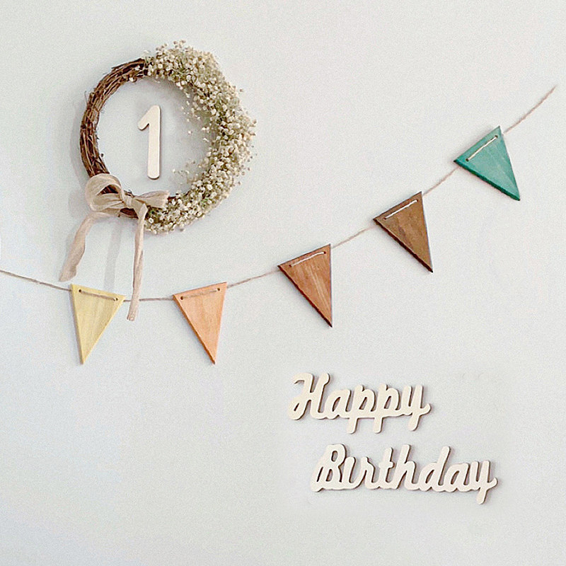 Ins Fengsen Retro Wood Slice Triangle Banner Baby's Birthday Decoration Colorful Flag Flag Backwall