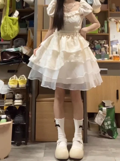 Girls' Big Kids' French Sweet and Cool Dress, Summer High-End Style, Runaway Princess Waist-Cinching Puffy Cake Skirt, Short Skirt