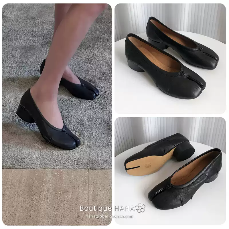 Maison Margiela Tabi分趾鞋黑色褶皱款粗高跟女鞋欧洲风