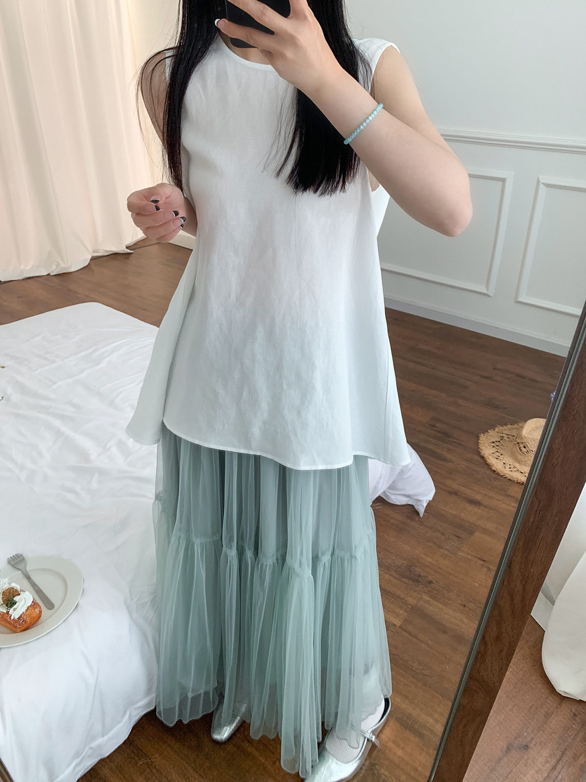 Блузка c家女装亚麻天丝背心标准版型圆领a字混纺缩褶上衣25夏新扭结无袖
