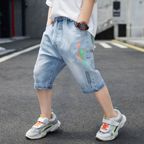 Boy denim pants summer clothes thin 2020 new foreign style childrens five-point pants Korean version of Big Boy splashing ink pants tide