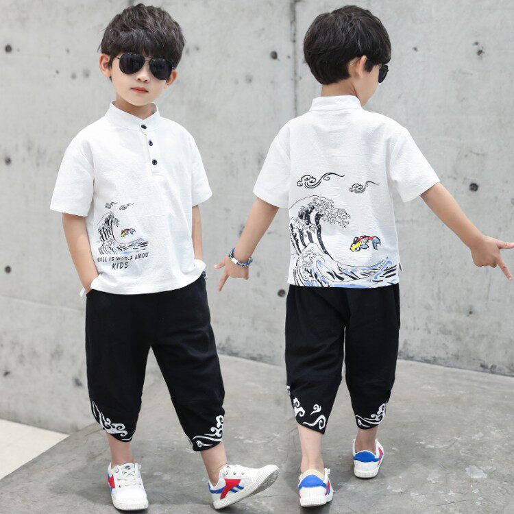 Hanfu boy's summer suit Chinese wind children retro clothes CUHK children cotton linen thin pieces of two sets of boy donts