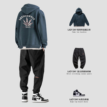 LAZY DAY original mens set with Japanese fake two-piece hooded sweater mens spring and autumn casual suit trend