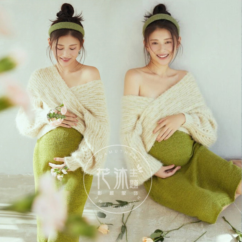 22 Huamu Photo Studio pregnant women take pictures photography photo clothing small fresh fruit green knitted sweater big belly dress