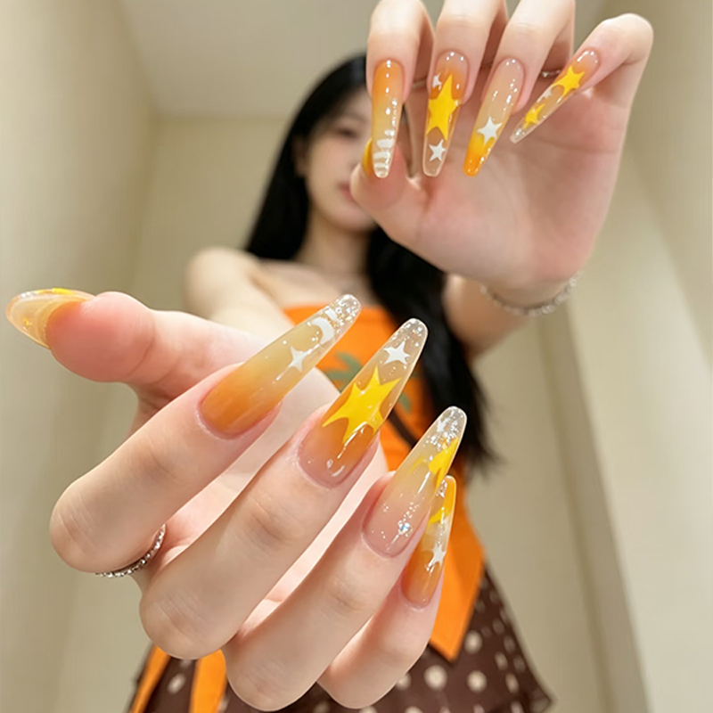 3D Star Orange Gradient Long Style Nail Art Wearable Nails 3D Rhinestone French Manicure Fake Nail Patches 3D Star Orange Gradient Long Style Nail Art Wearable Nails 3D Rhinestone French Manicure Fake Nail Patches
