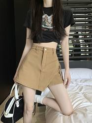 Khaki Short Skirt Pants for Women 2025 New Summer and Autumn Black Coffee Color Petite Flattering Irregular Denim Skirt