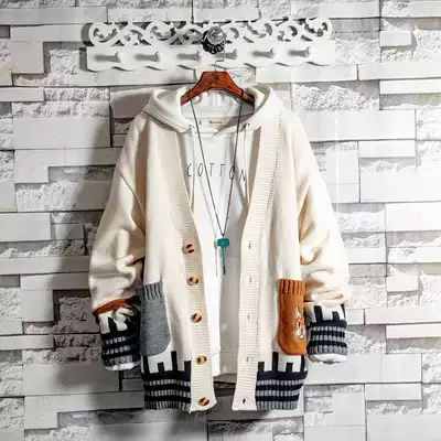 Sugar rose 2021 pocket cat pattern cardigan sweater men's winter Korean version of thick sweater sanitary clothing trend