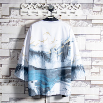 White Sugar Rose 22S Golden Goose Mountain Water National Wind Sunscreen Clothes Robe Mens Summer Retro Kimono Floating Painting