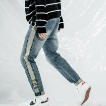 Sugar rose 18 side color denim pants male slim small feet Korean version of the tide student personality wild pants