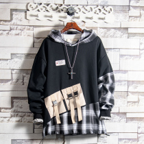 Sugar Rose 21 plaid fabric stitching hip-hop sweater male student tide brand loose hooded top spring and autumn