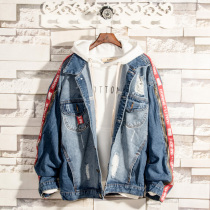 Special Harajuku style denim jacket male velvet thickened new spring and autumn red letter ribbon denim