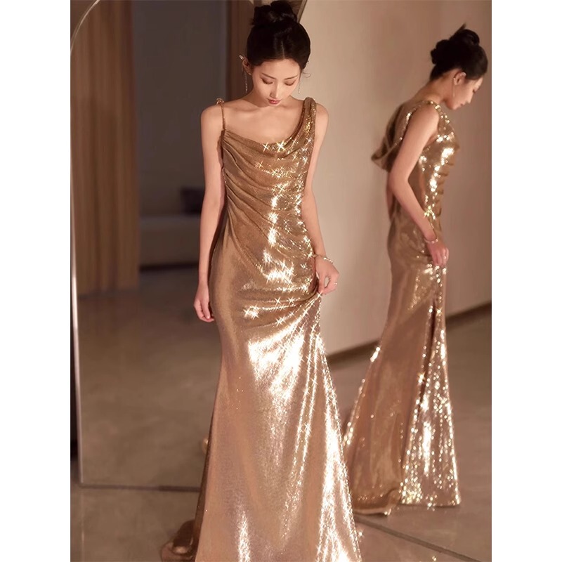 Golden Fishtail Evening Dress for Women, High-End Light Luxury Niche Toast Dress, Annual Meeting Host Long Dress with High-Quality Texture Golden Fishtail Evening Dress for Women, High-End Light Luxury Niche Toast Dress, Annual Meeting Host Long Dress with High-Quality Texture