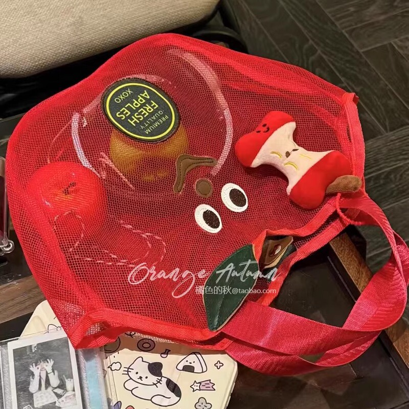 Cute Apple-Shaped Portable Toiletry Bag, Large-Capacity Mesh Storage Bag, Red Cartoon Hand-Held Mesh Beach Bag