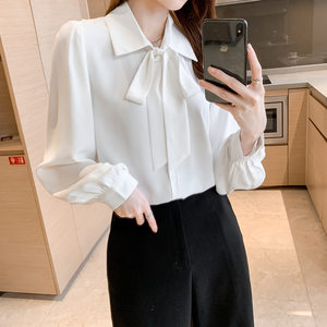Spring New Style Bow Tie Shirt White Chiffon Interview Shirt Women's Long-Sleeved Design Niche Professional Top