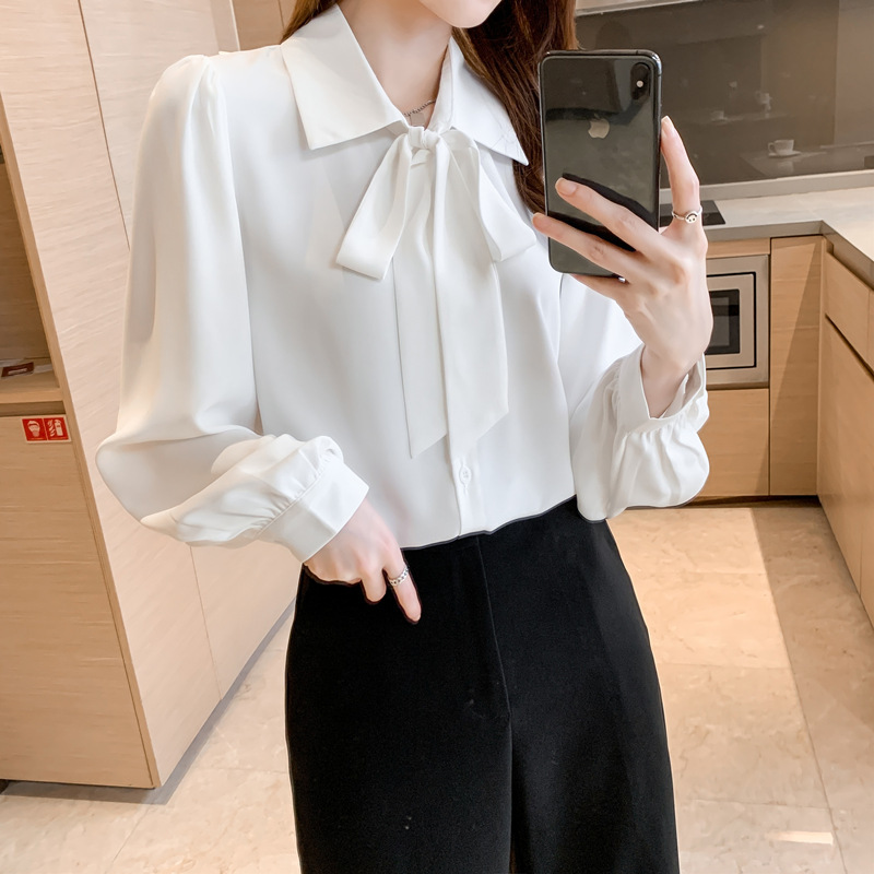 Spring New Style Bow Tie Shirt White Chiffon Interview Shirt Women's Long-Sleeved Design Niche Professional Top