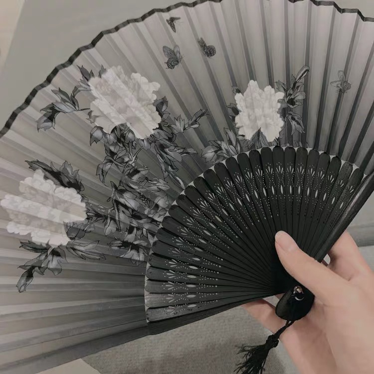 Retro black black bone black peony fan dance cheongsam catwalk stage performance fan prop fan
