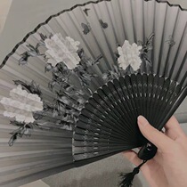 Retro black black bone black face peony fan Dance cheongsam Catwalk stage performance fan Prop fan