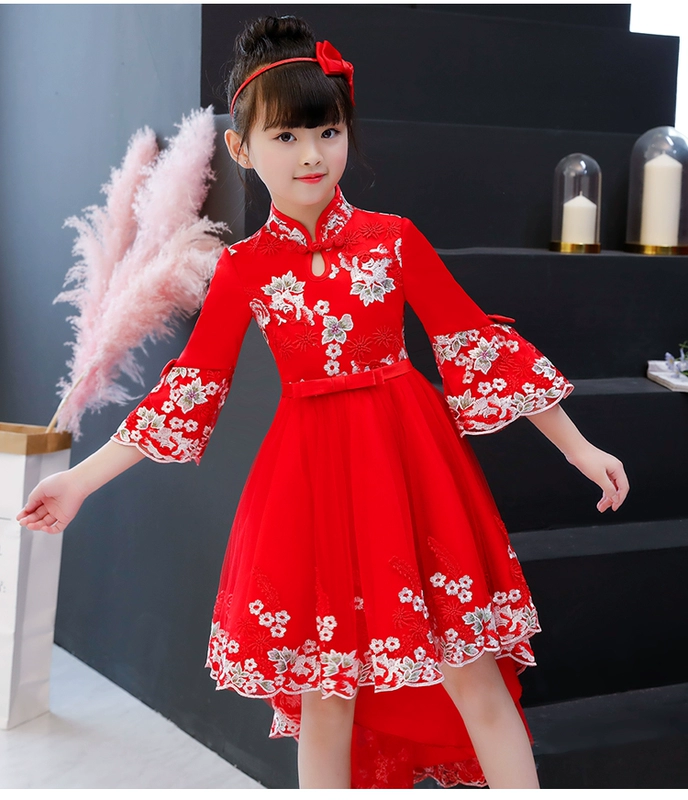 Váy hoa cô gái trẻ em đám cưới cô gái công chúa váy fluffy gió quốc gia trẻ em váy cưới sườn xám mùa thu bộ đồ bé trai cao cấp