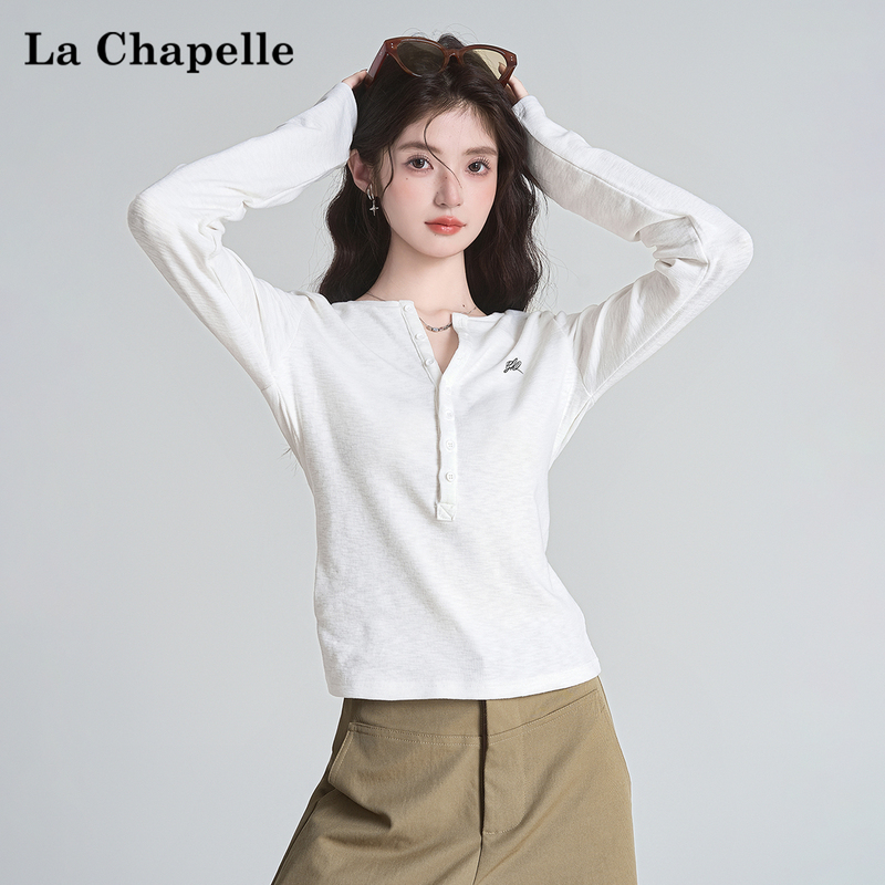 La Chapelle White Half-Open Collar Long-Sleeve T-Shirt for Women, Spring and Autumn Slim-Fit Inner Layer Short Top