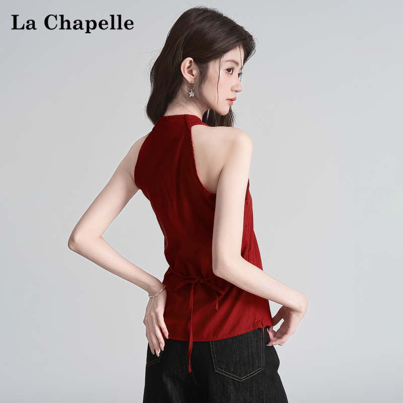 La Chapelle French-Style V-Neck Red Halter Neck Camisole for Women, Summer Waist-Cinching Sleeveless Off-Shoulder Vacation Top
