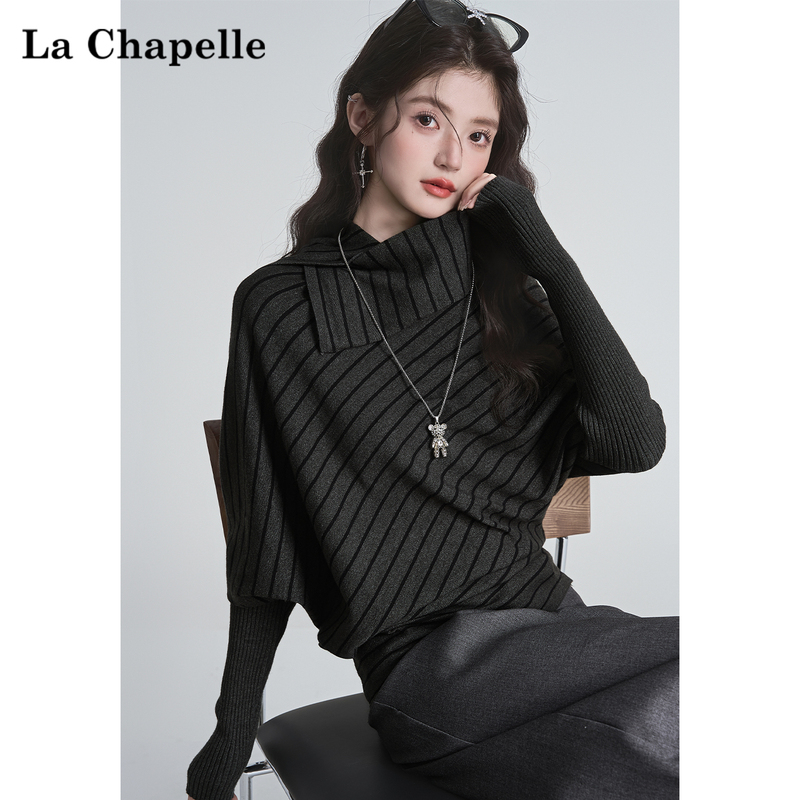 La Chapelle Korean Style Dark Gray Striped Long-Sleeved Knit Sweater for Women, New Autumn Batwing Sleeve Loose Sweater Top La Chapelle Korean Style Dark Gray Striped Long-Sleeved Knit Sweater for Women, New Autumn Batwing Sleeve Loose Sweater Top