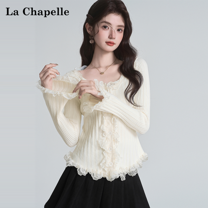 La Chapelle Lace Trim Patchwork Knit Sweater for Women, Autumn and Winter Inner Layer Base Shirt, Long Sleeve Bell Sleeve Top