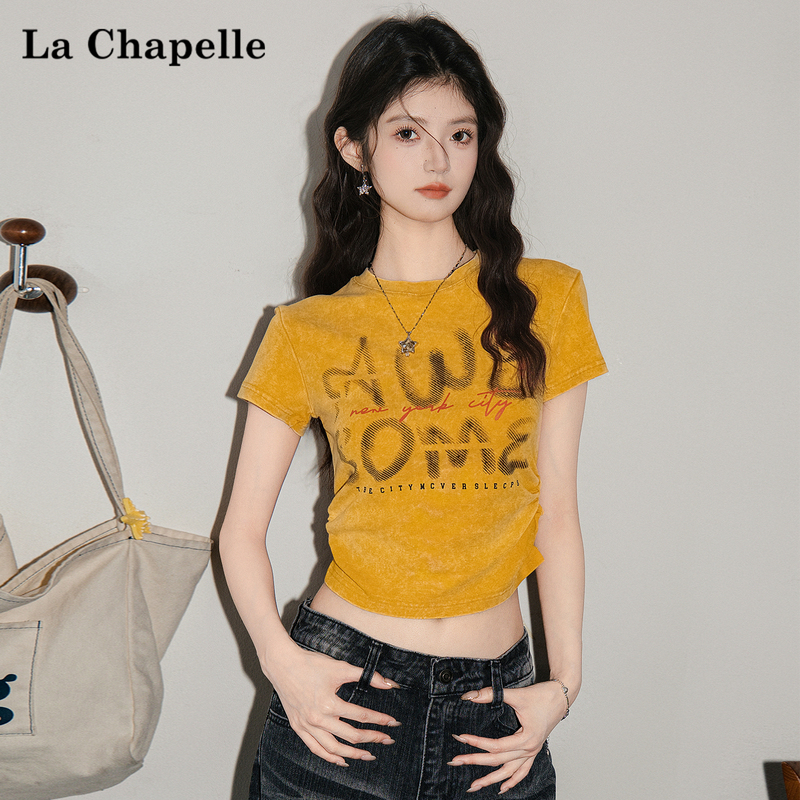 La Chapelle American-Style Yellow Retro Printed Short-Sleeve T-Shirt for Women, New Summer Slim-Fit Short Top, Trendy Hot Girl Top