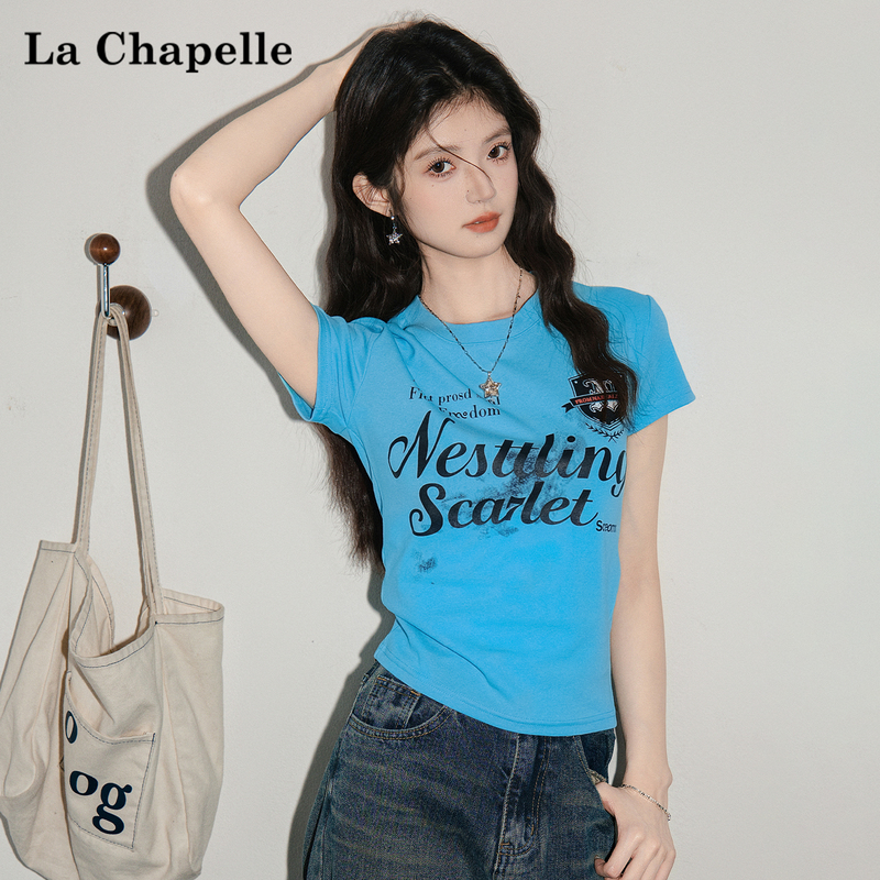 La Chapelle Blue Spicy Girl Letter Print Short-Sleeve T-Shirt for Women, Summer Slim-Fit Waist-Cinching Short Top for Petite Figures La Chapelle Blue Spicy Girl Letter Print Short-Sleeve T-Shirt for Women, Summer Slim-Fit Waist-Cinching Short Top for Petite Figures