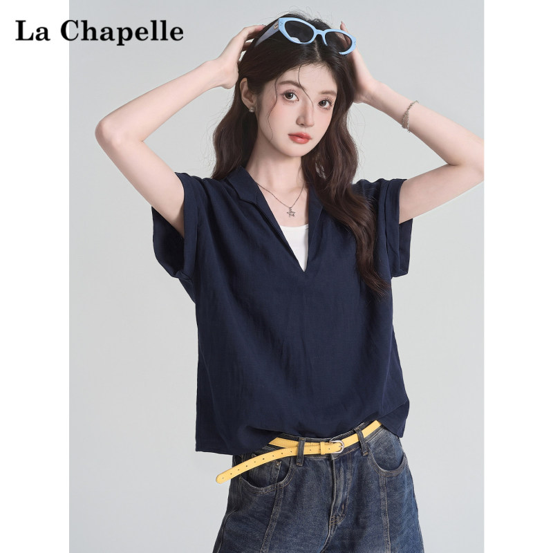La Chapelle Fake Two-Piece V-Neck Short-Sleeve Shirt for Women 2026 Summer Design Niche Shirt Loose Slimming Top
