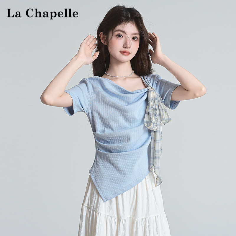 La Chapelle Blue Pleated Waist-Cinching Short-Sleeve T-Shirt for Women with Bow, Summer Irregular Design Slim-Fit Top La Chapelle Blue Pleated Waist-Cinching Short-Sleeve T-Shirt for Women with Bow, Summer Irregular Design Slim-Fit Top