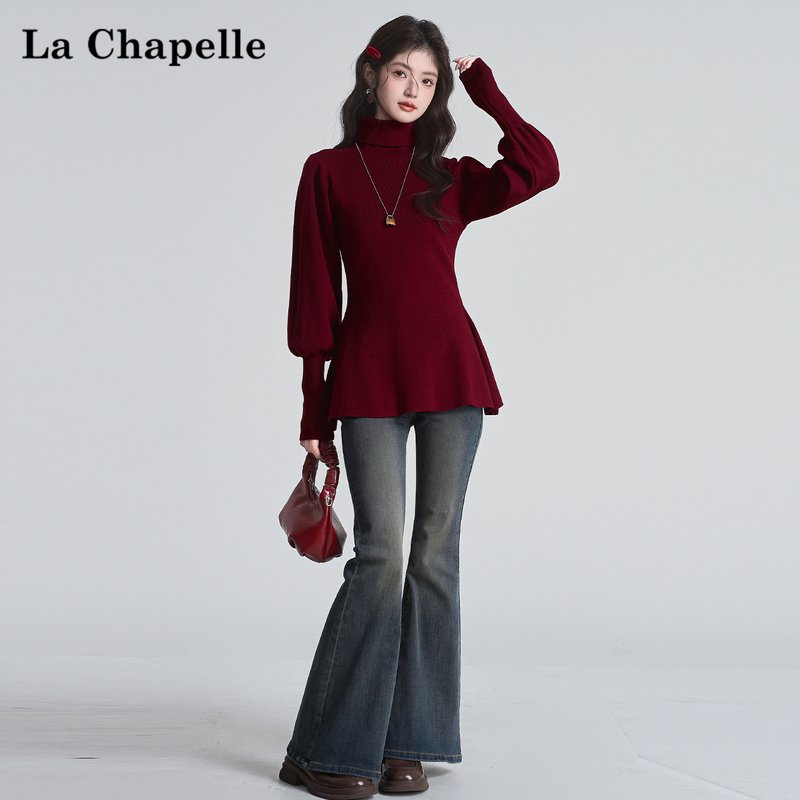 La Chapelle Mature Style Red New Year Turtleneck Knit Top for Women, Winter Waist-Cinching Inner Layer with Lantern Sleeves Sweater La Chapelle Mature Style Red New Year Turtleneck Knit Top for Women, Winter Waist-Cinching Inner Layer with Lantern Sleeves Sweater