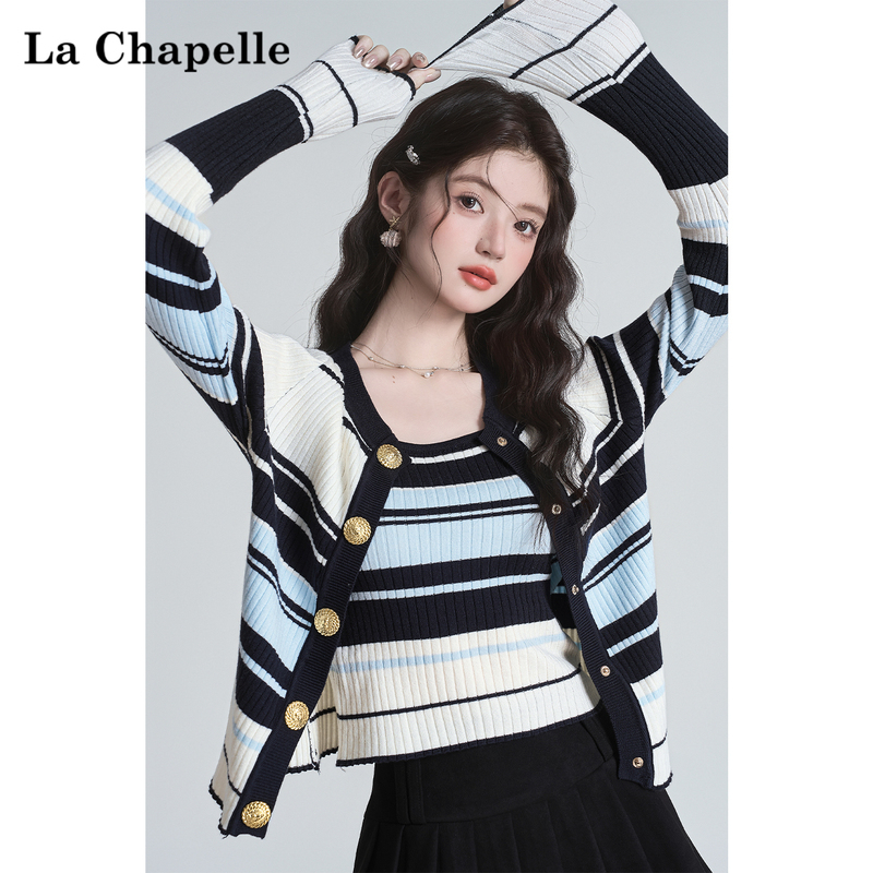 La Chapelle Striped Single-Breasted Long-Sleeve Knit Cardigan for Women, Spring and Autumn Color-Block Top + Camisole Two-Piece Set La Chapelle Striped Single-Breasted Long-Sleeve Knit Cardigan for Women, Spring and Autumn Color-Block Top + Camisole Two-Piece Set