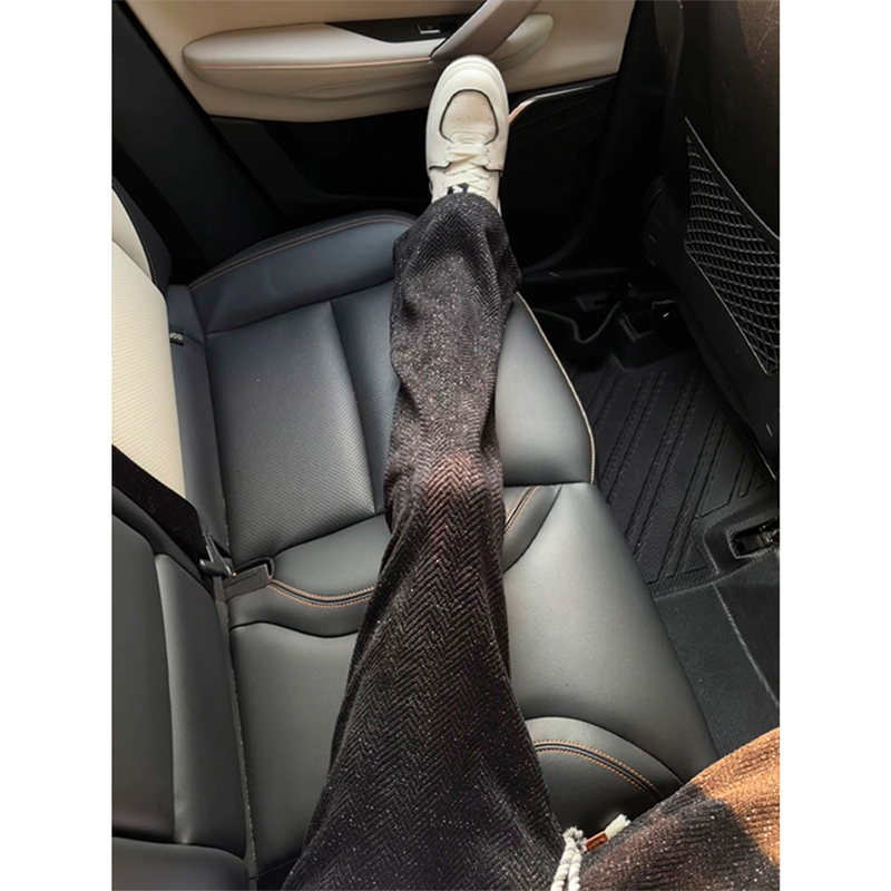 Black Twill Star-Patterned Knit Sweatpants for Men, Autumn and Winter, Chanel-Style Fleece-Lined Pants, Casual Straight-Leg Pants