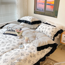 Black and white Herben black lace with four pieces of pure cotton full cotton field princess wind small crumbed elegant bed with supplies