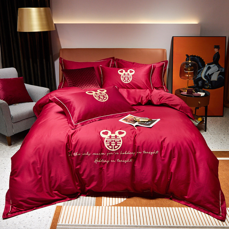High-grade 60 sateen long-staple cotton wedding four-piece group pure cotton red double happiness embroidery wedding cotton bedding simple