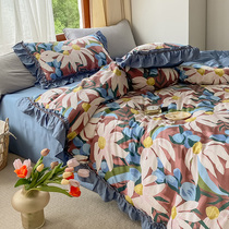 Famed romantic flower high-end 60 gung satin long suede cotton four pieces of pure cotton full cotton princess wind lotus leaf side bed goods