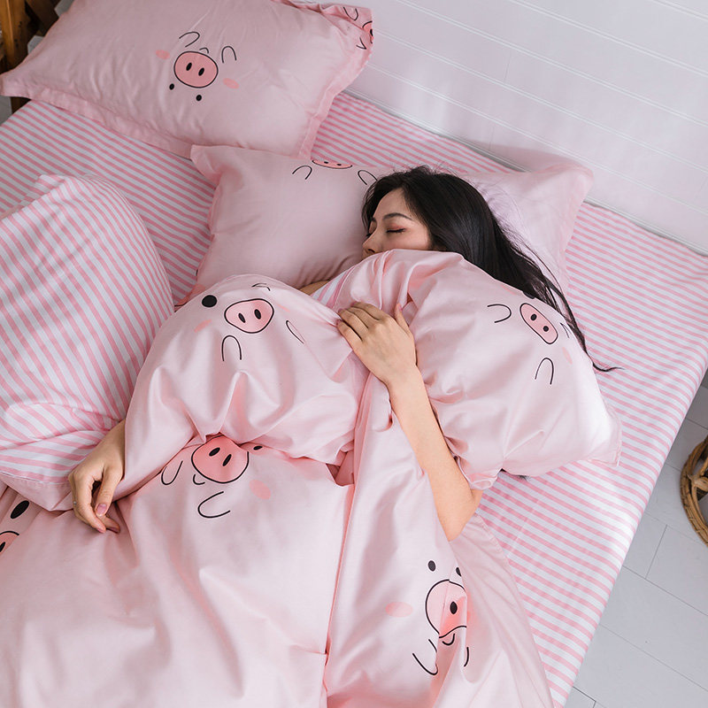 ins cute pig pig small fresh four pieces all cotton pure cotton Nordic wind bed linen quilt cover 4 pieces bedding
