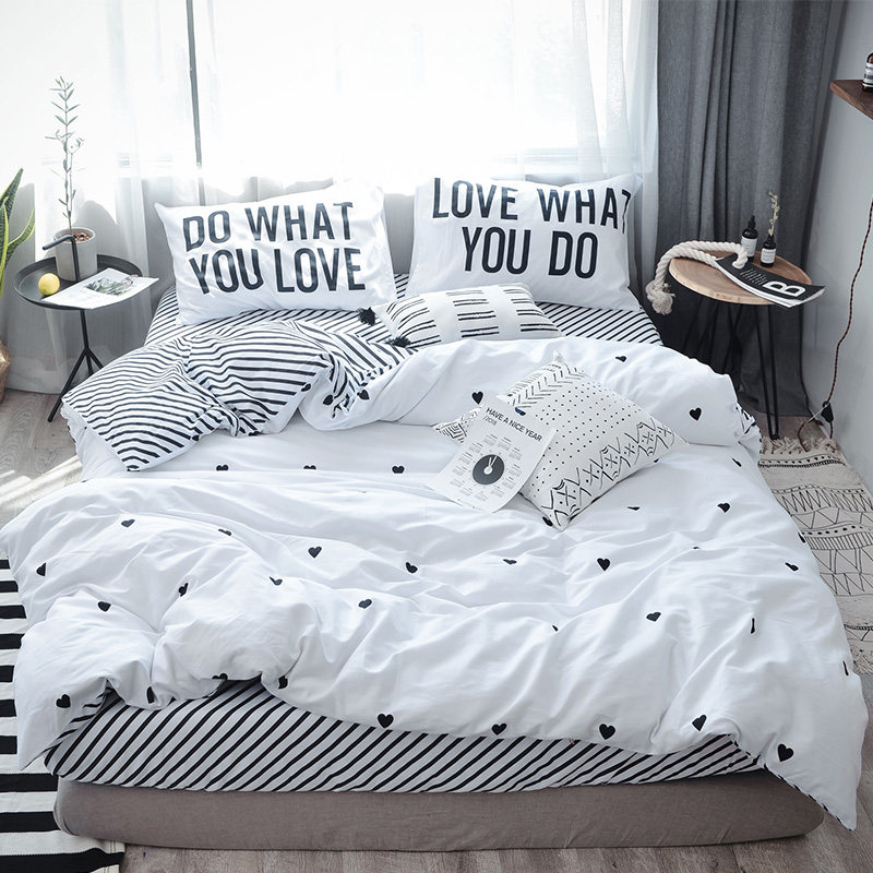 Four pieces of all-cotton pure cotton minimalist Nordic personality white bed bedding Three-piece bed set Bed Hat