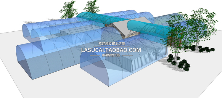 T219 大棚温室阳光棚阳光房su模型生态农庄菜园蔬菜大棚Sket...-16