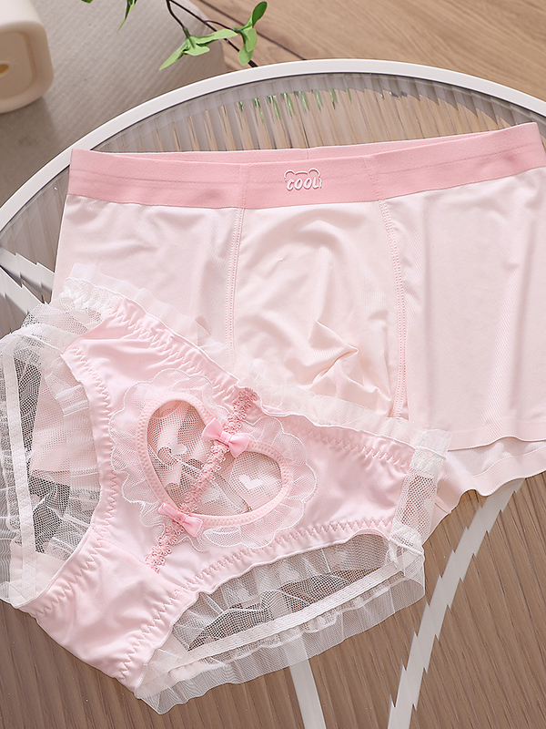 Couple's Underwear Set, One for Men and One for Women, Sexy Ice Silk Pure Desire Set, Lace Hollow Heart Briefs, Thin Boxer Briefs