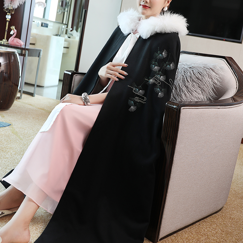 Chinese style women's Hanfu thickened warm cloak women's autumn and winter retro embroidery long version hooded cape woolen coat