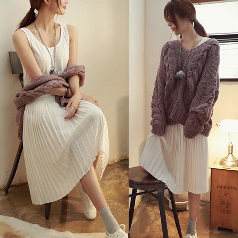 秋冬大码女装打底背心百褶衬裙内搭a字裙中长款宽松雪纺连衣裙女