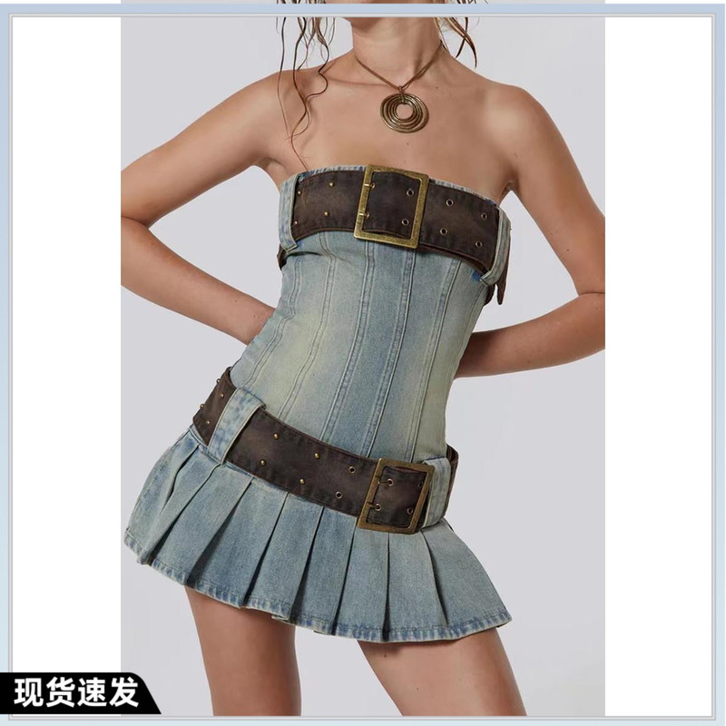 Jaded London Millennial Hot Girl Retro Extra Wide Detachable Belt Denim Pleated Denim Tube Top Dress for Women