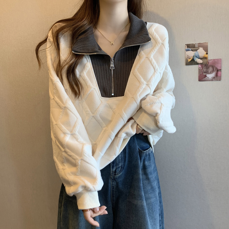 Big code autumn winter cover with belly collar stand guard jersey Undershirt Woman Fat sister loose Thin Rhombou Splicing Long Sleeve Blouse-Taobao